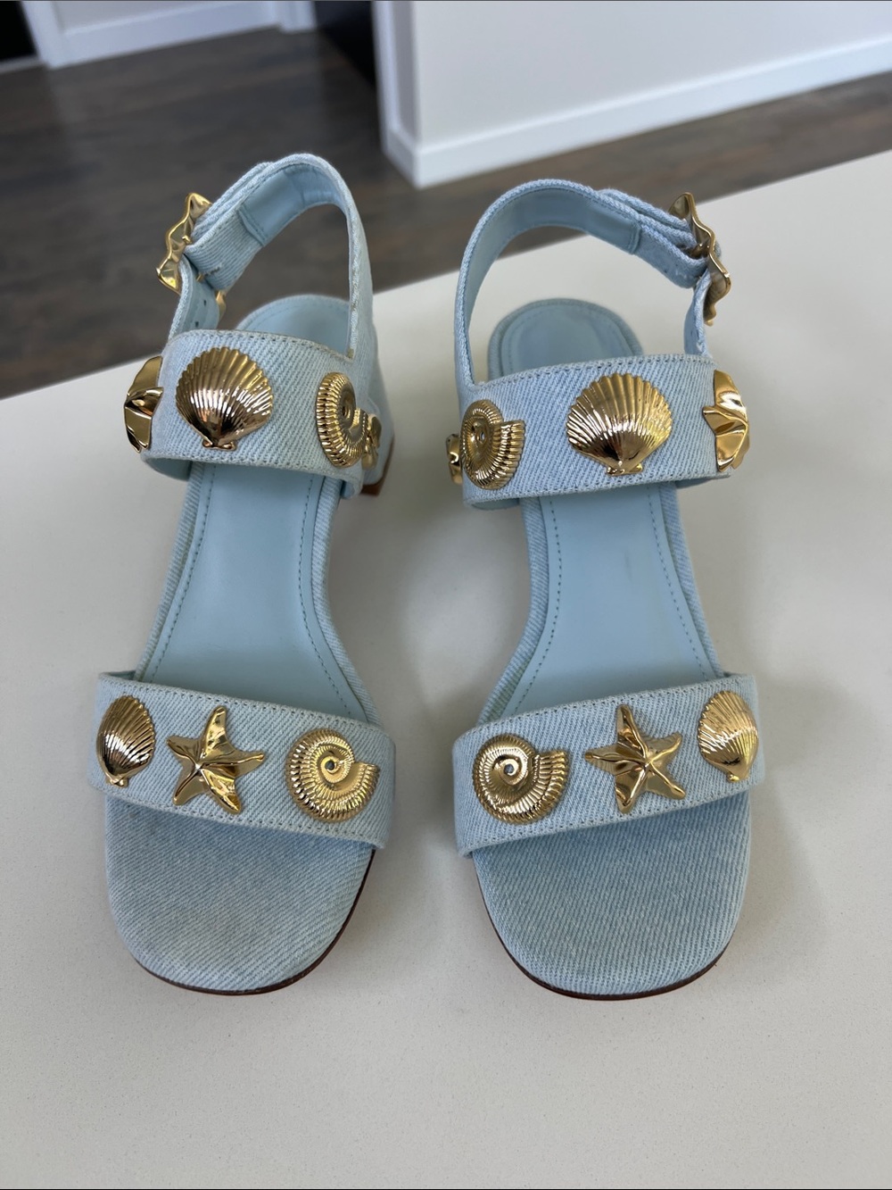 Larroude madison block light blue denim maya heels open toe sandals gold 6 - Picture 4 of 16